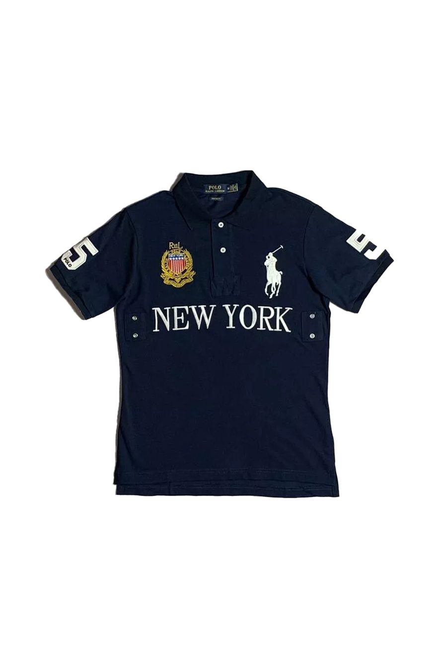 Navy blue polo shirt with 'New York' text and logo on a white background